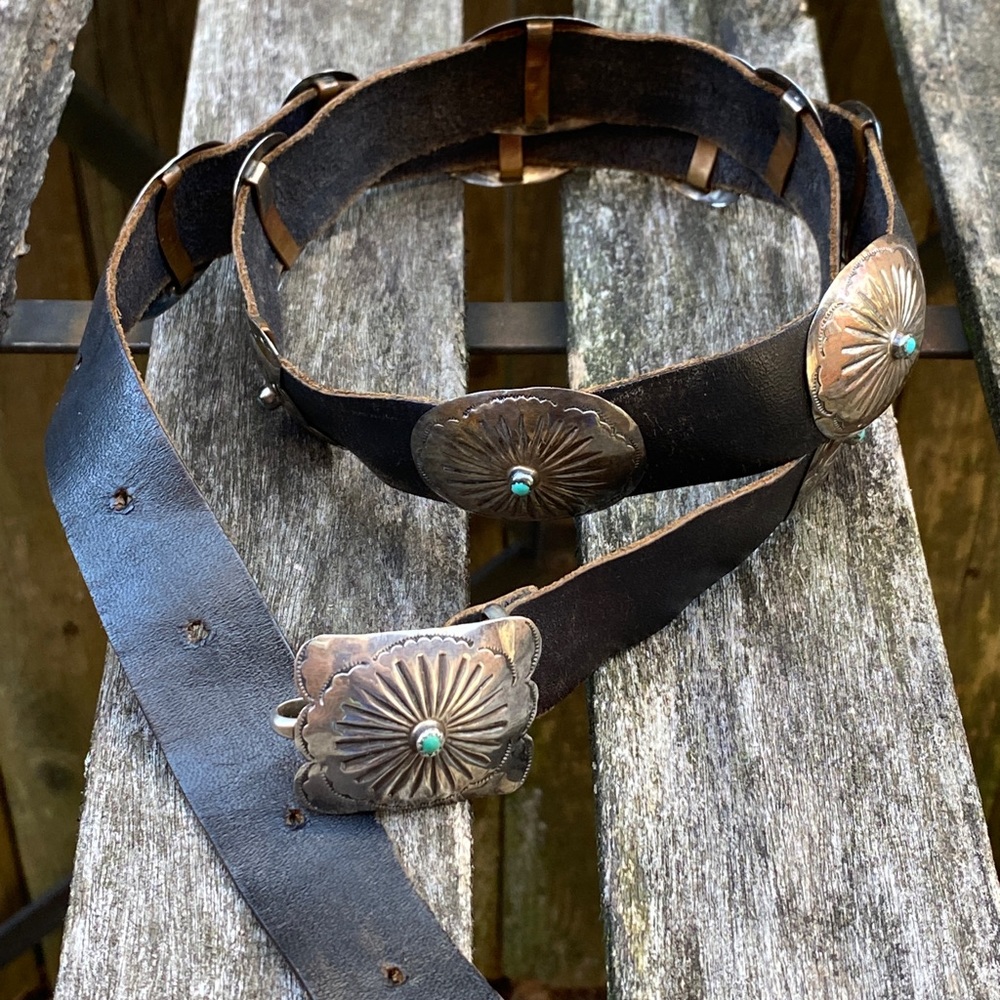 🌹Stunning Vtg Navajo 13 pc Sterling Silver & Turquoise Concho Leather Belt~MINT - Picture 8 of 16